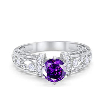 Art Deco Wedding Promise Ring Round Simulated Amethyst CZ 925 Sterling Silver